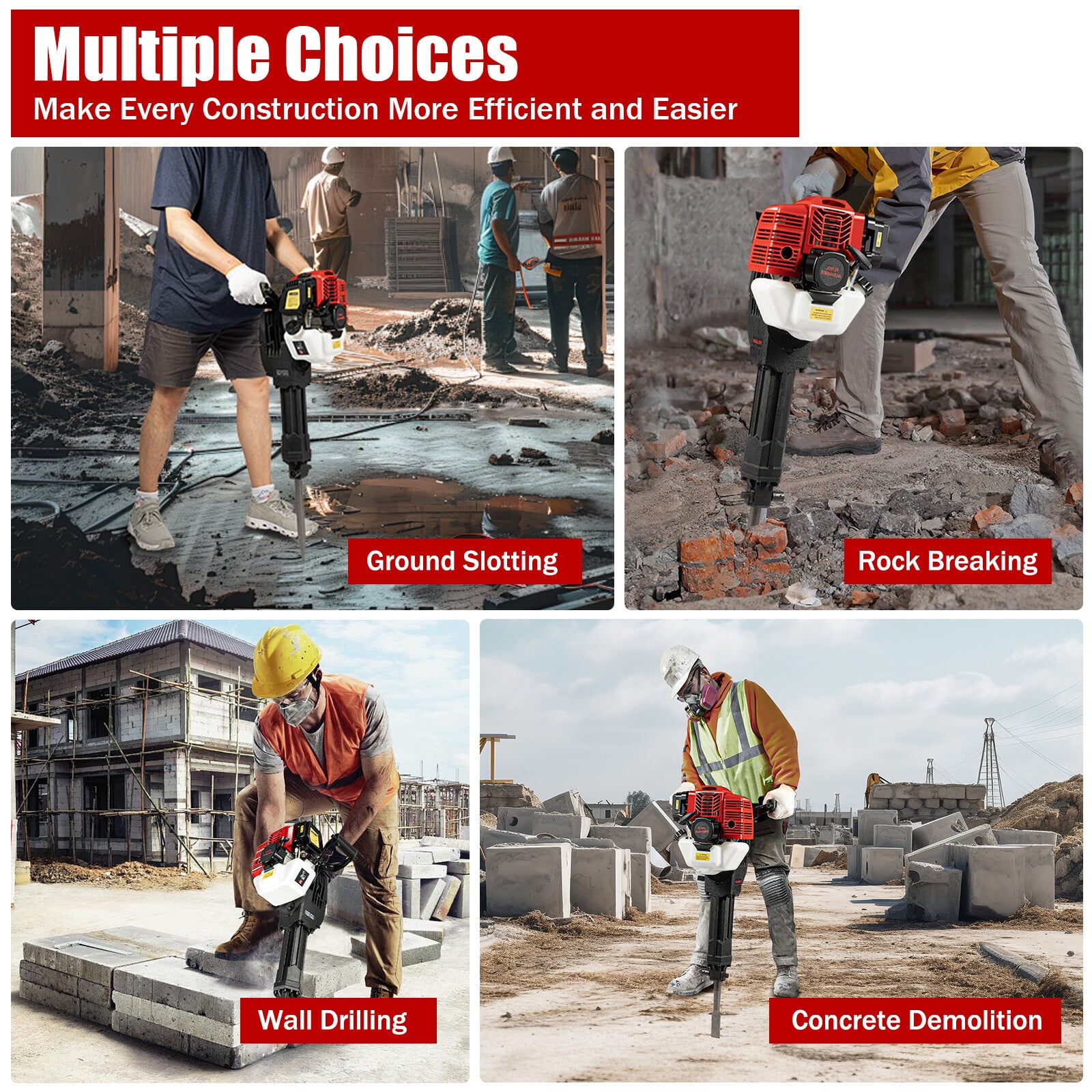 2-Stroke Gas Powered Demolition Jack Hammer,1900W 52CC,w/Point&Flat Chisels,70dB Low Noise,for Concrete Demolition&Rock Breaking,43.3lbs Net Weight