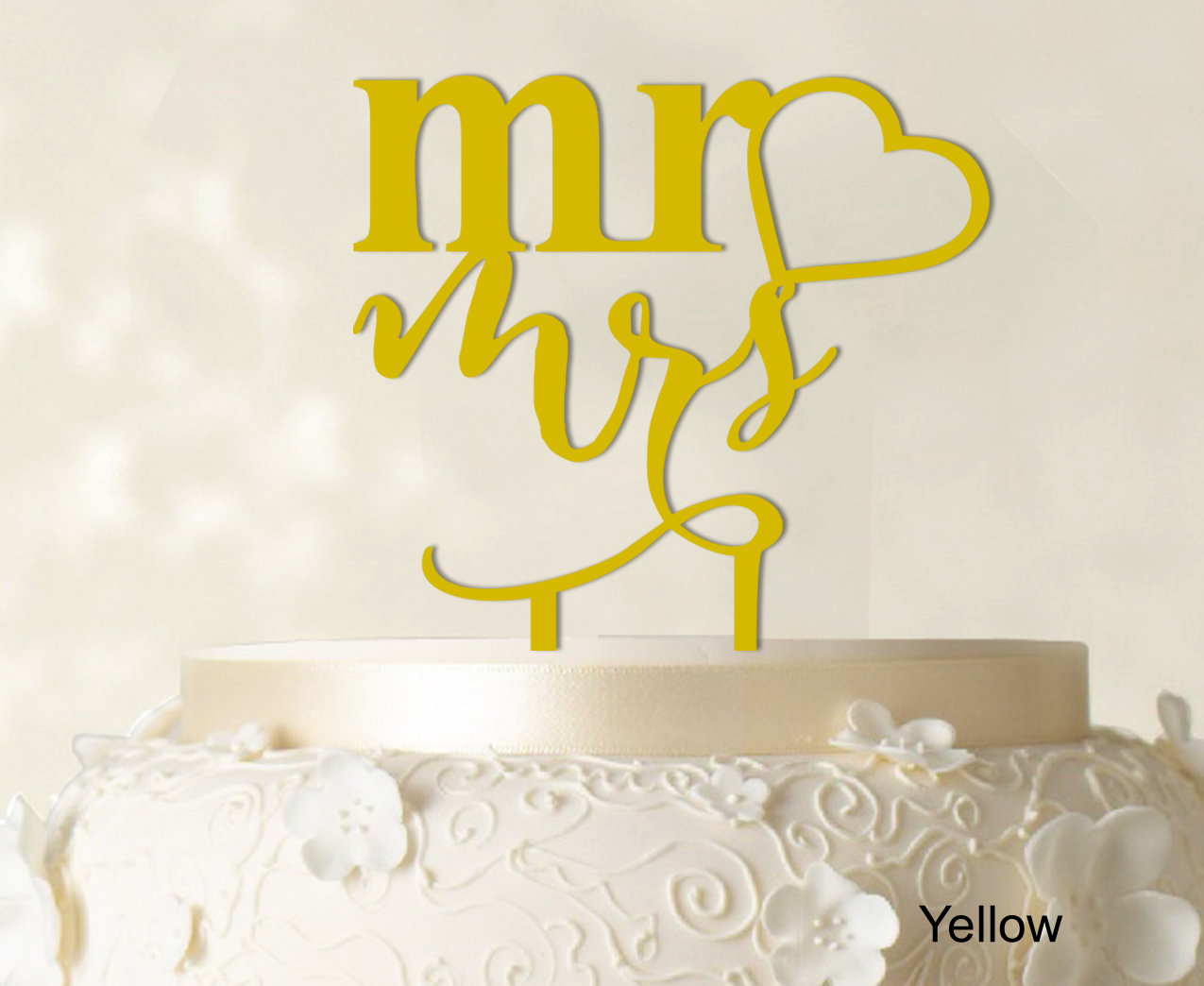 "Personalized ""Mr And Mrs"" Wedding Cake Topper Yellow Cake Topper