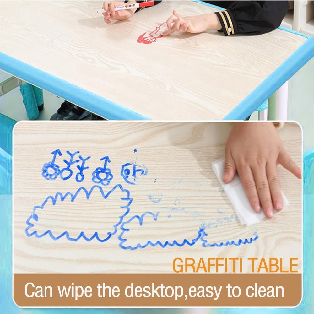 COZONY Adjustable Kids Table and 6 Chairs Set, Toddler Play Activity Table Set with Graffiti Desktop for Reading, Drawing, Eating, Studying, Aged for 2-10, Blue