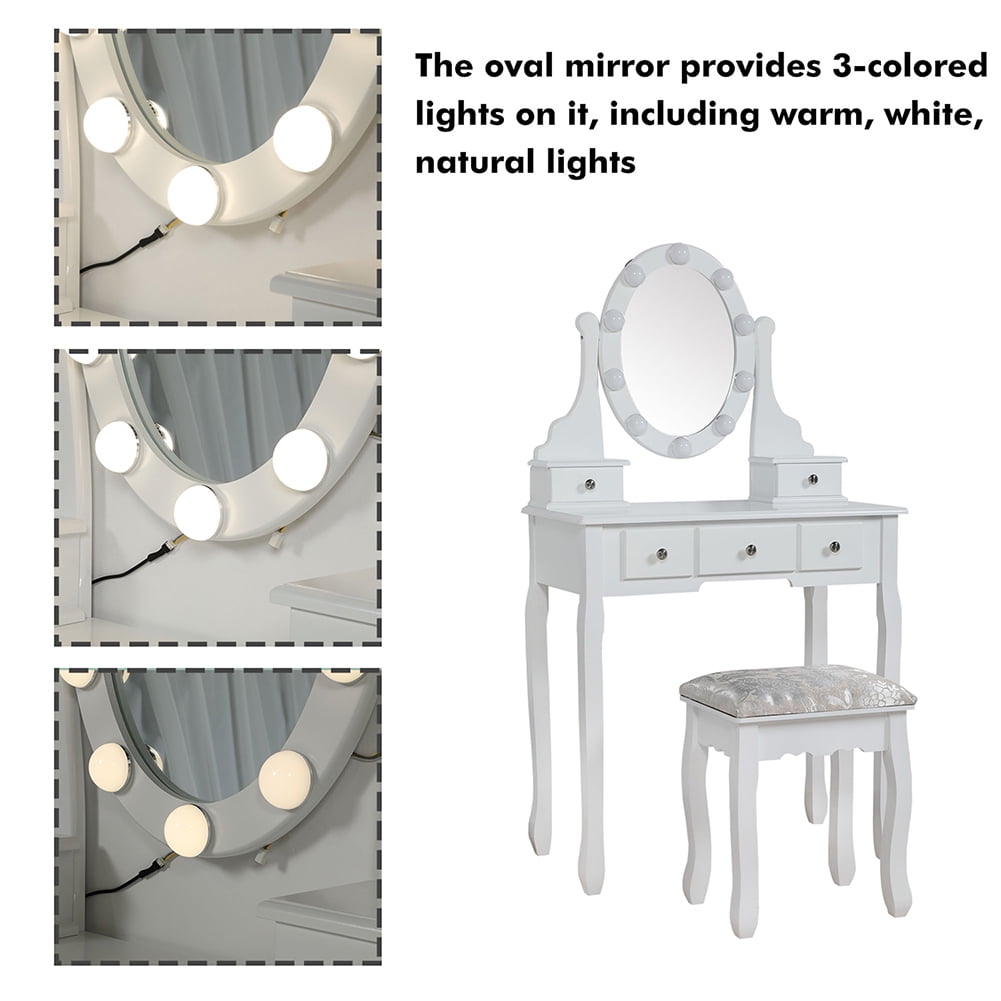 Resenkos Vanity Set Dressing Table with Mirror, 10 Light Bulbs, Stool 5 Drawers, 29.5 x 15.7 x 52.8 inches, White