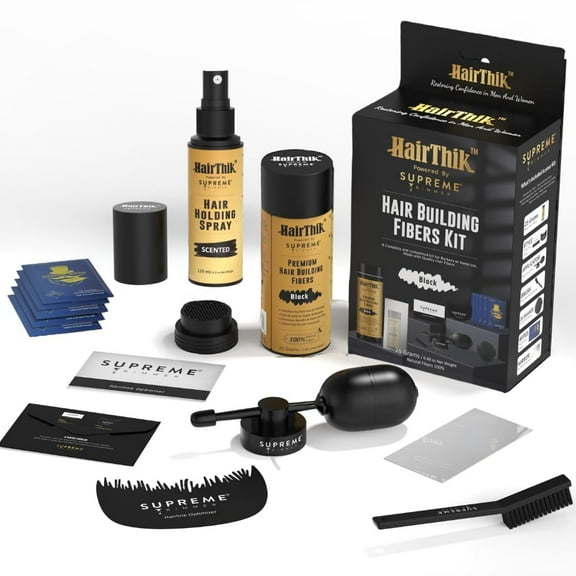 Supreme Trimmer Hair Fibers 9-in-1 Kit | 25G Keratin Fibers, Pump Nozzle, Hairline Cards, S&L Shaker, Brush, Wipes, Mirror, Hold Spray | Conceal/Thicken Thinning Hair in Men & Women | Black