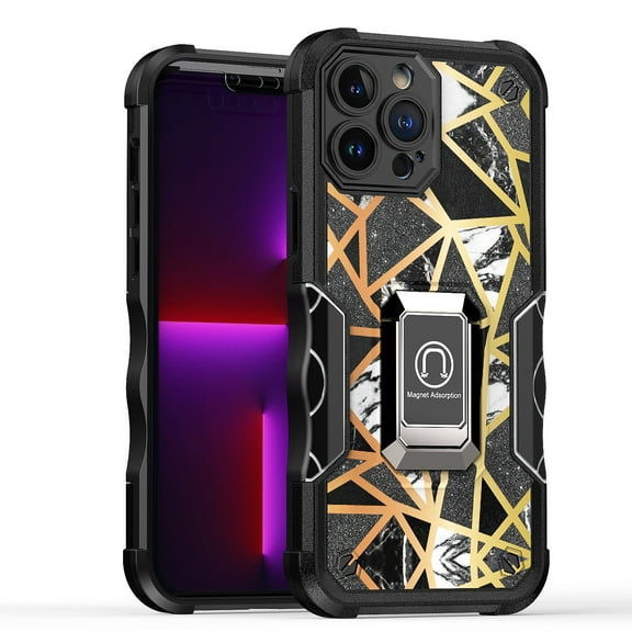For Apple iPhone 14 Pro Max (6.7") Marble IMD Stone Design Hybrid Magnetic Ring Stand Kickstand Heavy Duty Rugged Cover ,Xpm Phone Case [ Black Gold ]