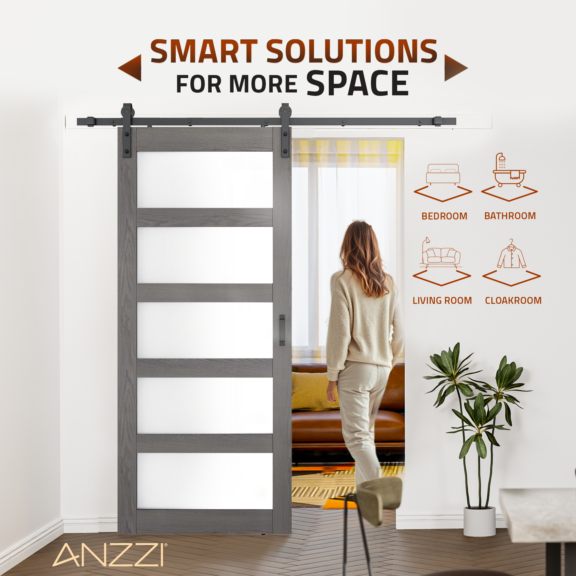 ANZZI 5 Vision Glass Sliding Door - Durable MDF/PVC Construction with Hardware Kit - Double Frosted Glass Panels and Secure Packaging - Ideal for Modern Homes (Light Brown)