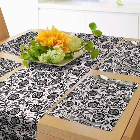 

Garden Art Table Runner & Placemats Floral Pattern Pomegranate Fruits and Leaves Coming of Spring Set for Dining Table Decor Placemat 4 pcs + Runner 16 x72 Plum Blush Black by Ambesonne