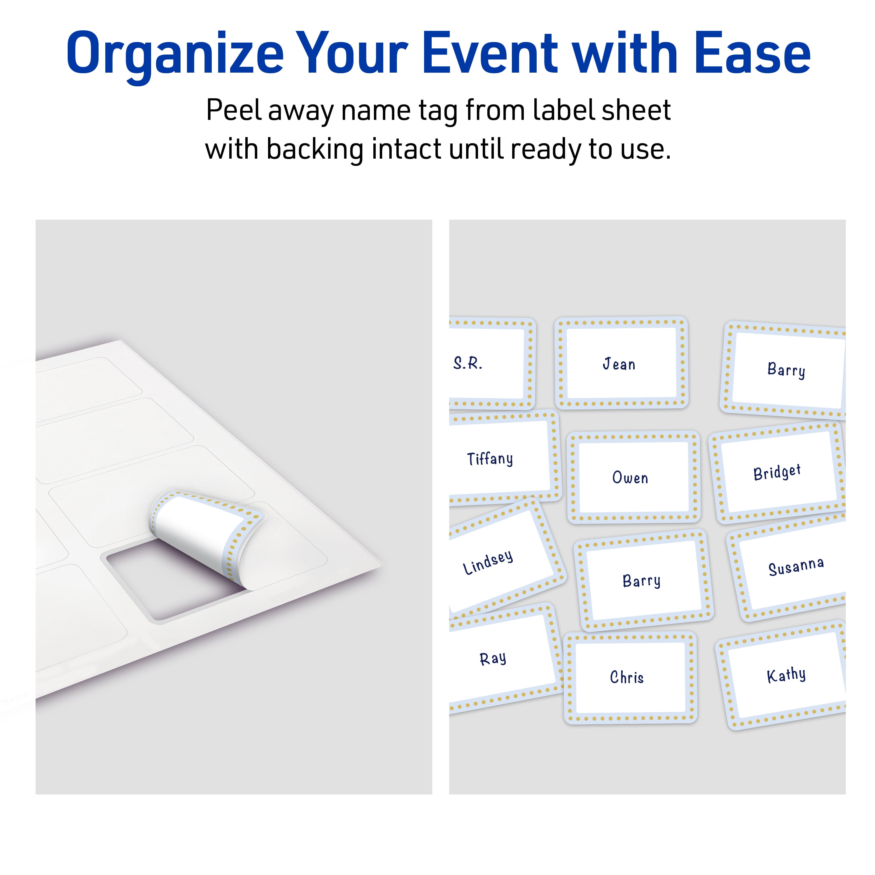 Avery Adhesive Name Tags, Matte White, Blue & Gold Dots