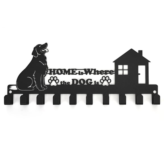 BZUEPRS Metal Dog Key Organizer, Animal Wall Decoration, 9.84x3.9 inch Pet Hanging Rack with 10 Hooks, Dog and Paw Print Key Holder, Gift for Dog Lovers, Black