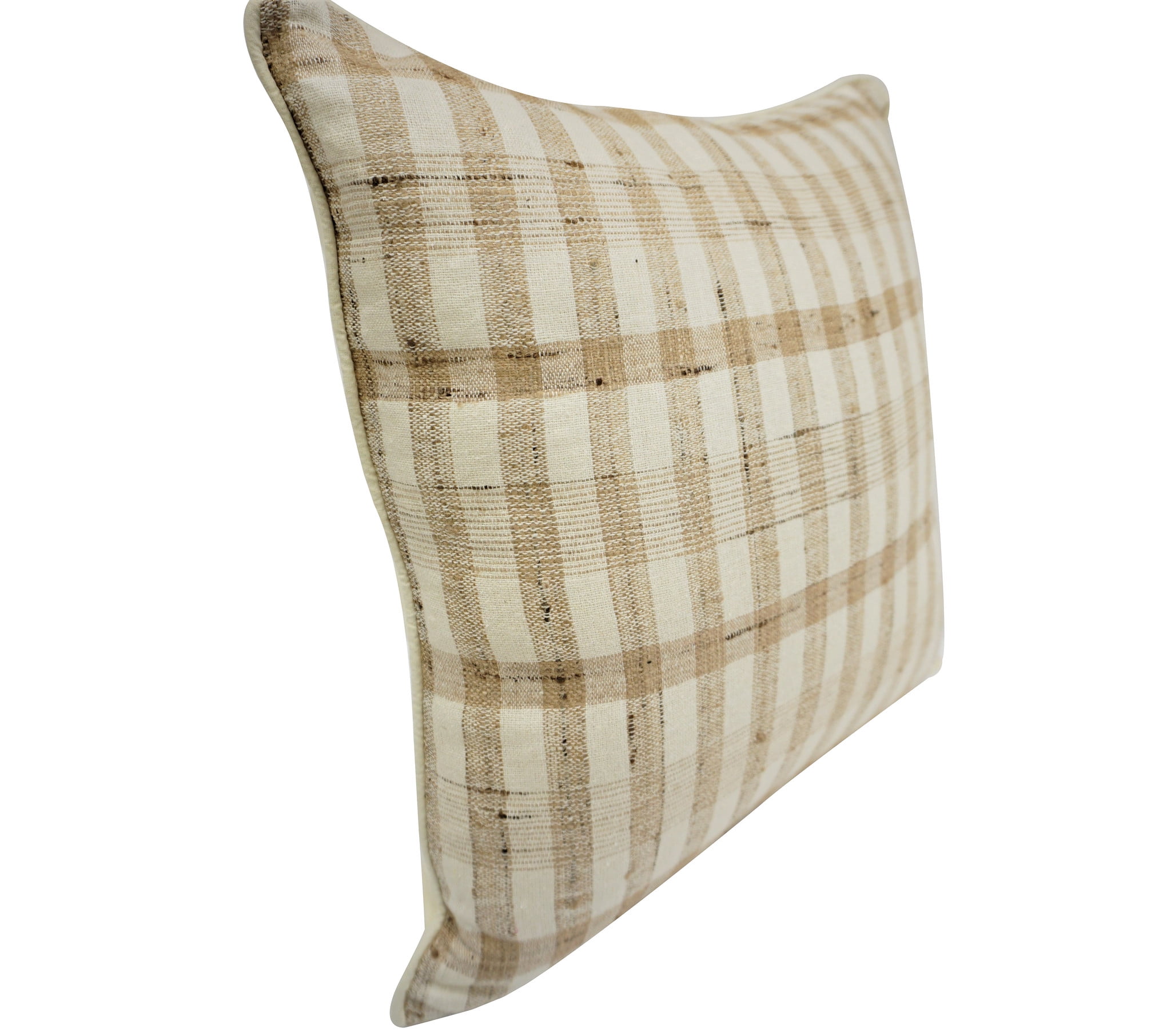 18" Beige and Off-White Vintage Raw Silk Plaid Throw Pillow