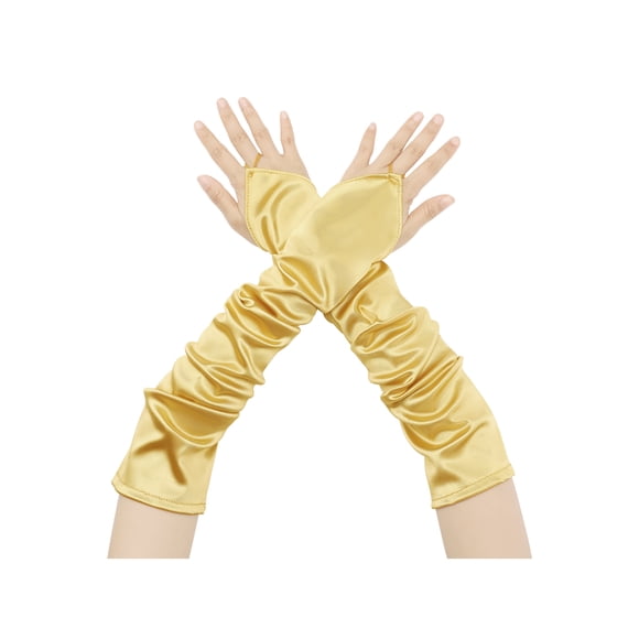 INSPIRE CHIC Women's Fingerless Sleeves Elbow Long 1920s Satin Gloves with Finger Loop One Size Gold