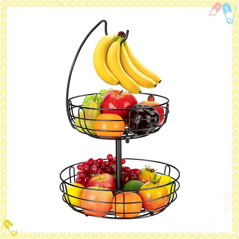 2 Tier Metal Wire Fruit Basket Bowls with Banana Hanger, Detachable Storage  Basket for Kitchen Countertop in Bronze 