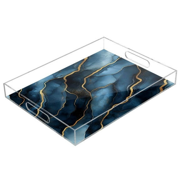 WOBOGO Gilt Dark Blue Marble Acrylic Serving Trays 15.7x11.8 Inch Spill Proof Clear Decorative Organizer with Handle