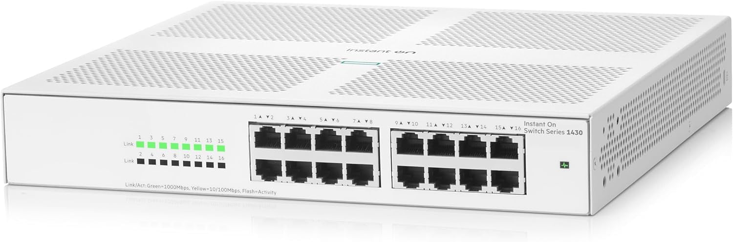 Restored Aruba R8R47A Instant On 1430 16-Port Gigabit Unmanaged Switch – High-Speed Ethernet Networking, Plug-and-Play (Refurbished)