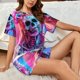 thumbnail image 4 of Fotbe Neon Skull With Milkshake Conjunto de Pijama Estampado para Mujer, 2 Piezas, Ropa de Dormir con Camiseta de Manga Corta y Shorts Suaves-Small, 4 of 6