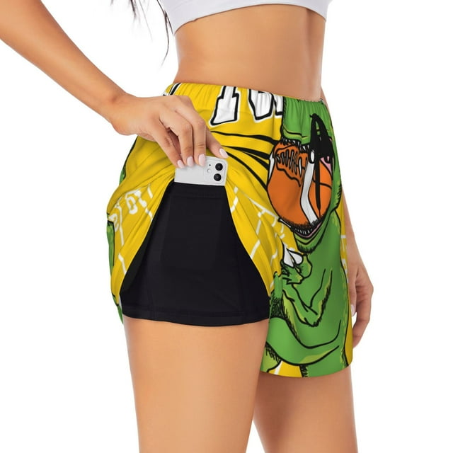 Saiise T-Rex Playing Football Print 2 in 1 High Waisted Running Shorts for Women - Split Breathable Athletic Tennis Gym Workout Shorts with Pockets-XX-Large