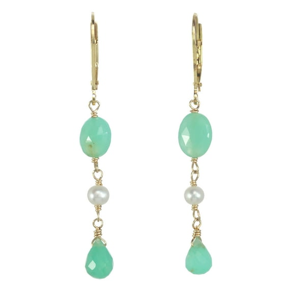 LTC Designs Faceted Chrysoprase Gemstone and White Cultured Freshwater 3.5-4mm Pearls Drop Earrings for Men and Women