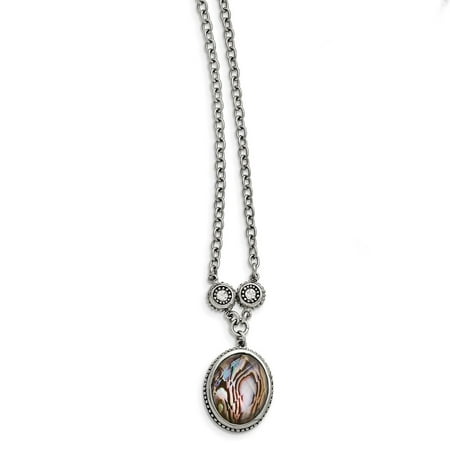 Mia Diamonds Stainless Steel Polished and Antiqued Synthetic Abalone and Cubic Zirconia (CZ)with 1.5in ext. Necklace (Best Synthetic Diamonds Reviews)