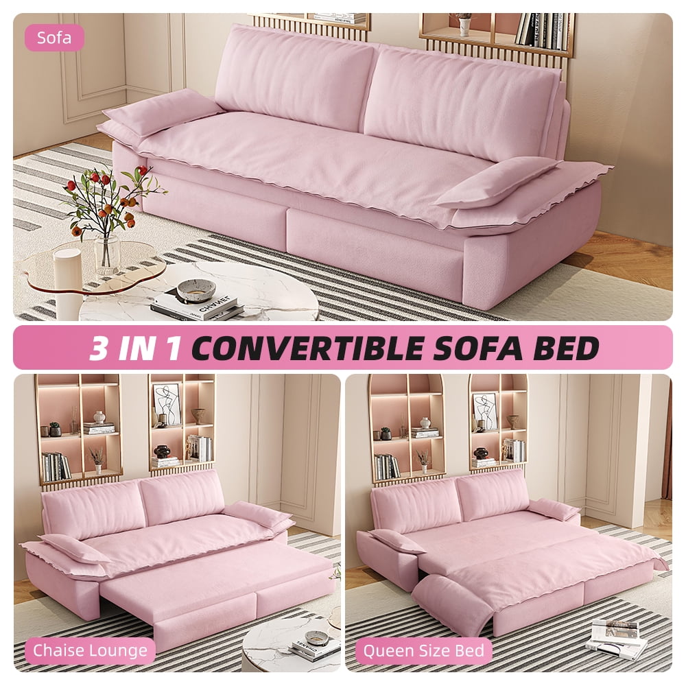 73.2-inch Queen Pull Out Sofa Bed, 3-in-1 Convertible Sleeper Sofa with Velvet Upholstery, Multi-Functional Loveseat Bed for Living Room and Guest Room, Pink