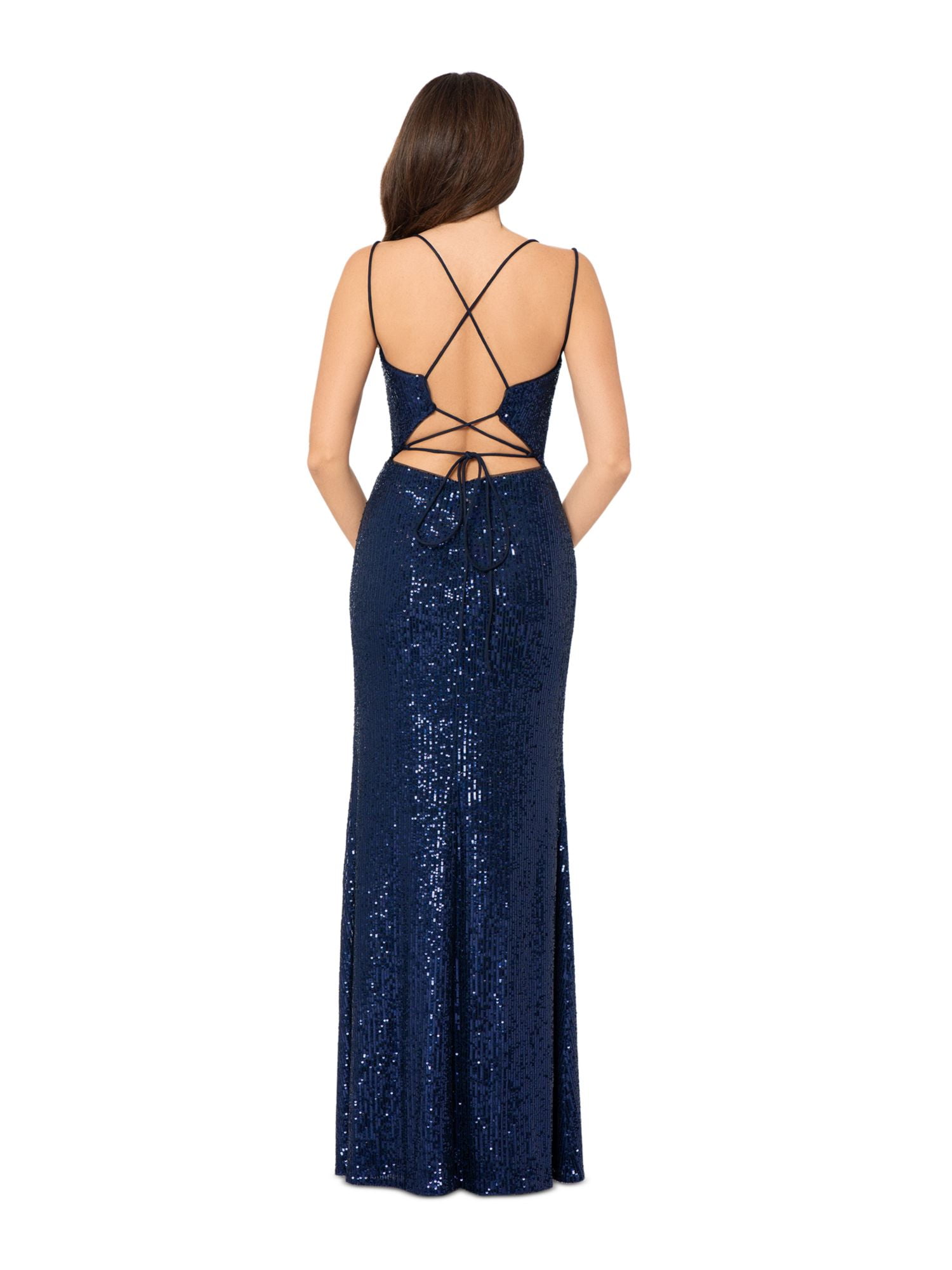 BLONDIE Womens Navy Sequined Lined Lace Up Back Sleeveless V Neck  Full-Length Cocktail Sheath Dress Juniors 13