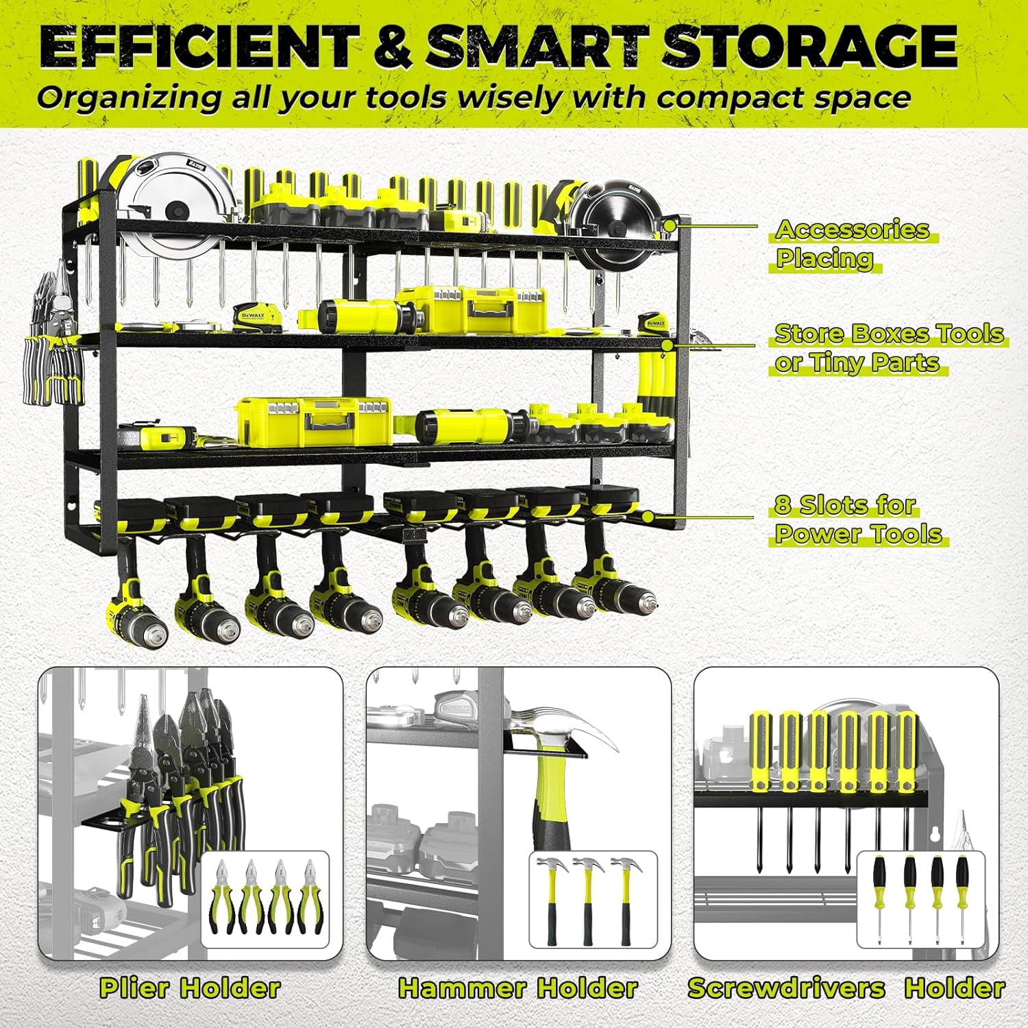 8 Drill Wall Mount Power Tool Organizer, 4 Tier Heavy Duty Metal Storage Rack with Screwdriver Plier Hammer Holders