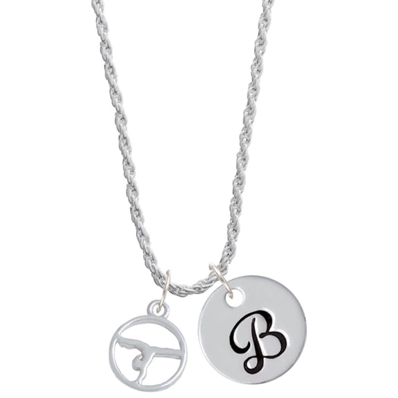 Delight Jewelry Gymnast Silhouette in 1/2'' Disc Silvertone Script Initial Disc - B - Charm Necklace, 20"+3"