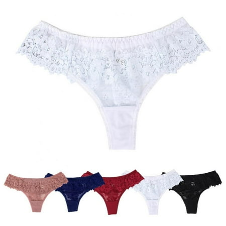 

5-Pack Women See-through Lace Thongs Panties Mesh Hollow-out Underwear T-back Briefs Embroidery Floral Intimates