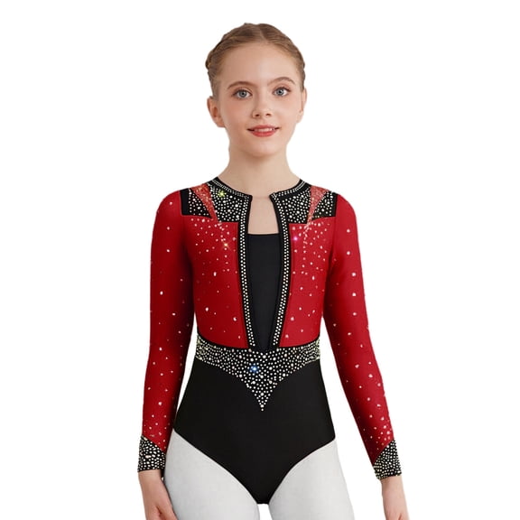 Hansber Kids Girls Shiny Rhinestones Gymnastics Leotard Long Sleeve Color Block Sparkle Ballet Dance Bodysuit Burgundy 10