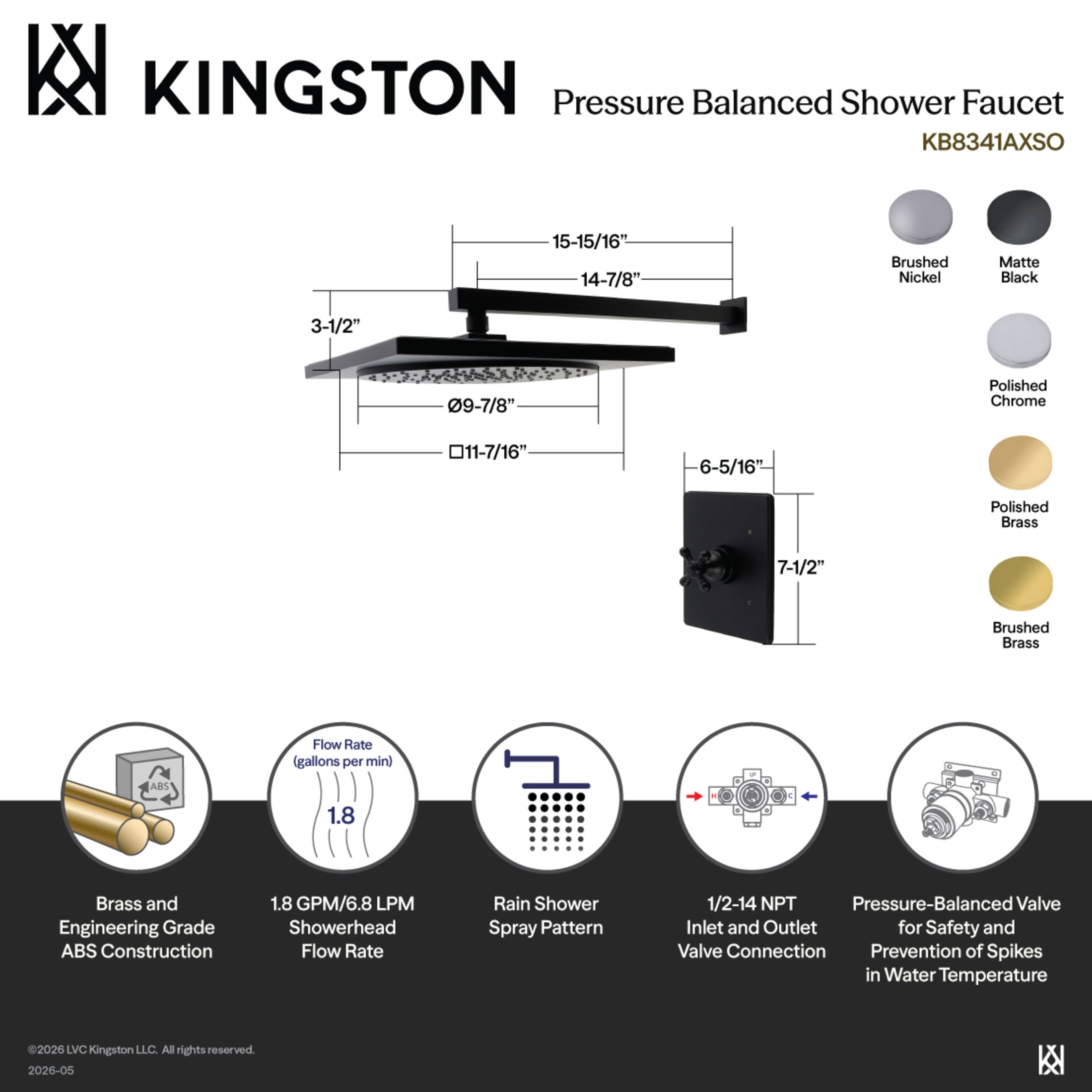 Kingston Brass KB8342BXSO Metropolitan Single-Handle Pressure Balanced Shower Faucet, Polished Brass