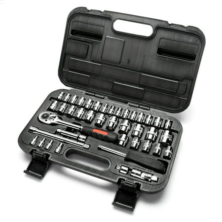 Socket Wrench Sets MAXPOWER 42-Piece 1/4'& 3/8'Dr. Socket Wrench Set With Included Sockets, Ratchet Handle, Extension Bars, Universal Joint, Adapter, Spinner Handle, and Carrying Case ()