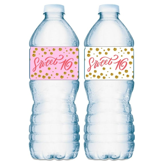 20 Pink Sweet 16 Water Bottle Labels; 16th Birthday Set of 20 Waterproof Water Bottle Wrappers; Pink and White.
