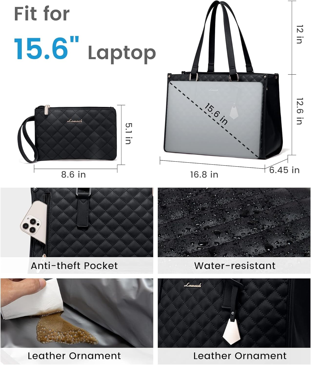 Lovevook Work Tote Bag for Women, Classic Quilted Pu Leather Handbag Purses with 15.6 in Laptop comparment and Insulated Lunch Compartment better for work lunch nurse college picnic drinks casul