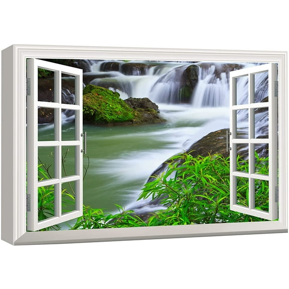 wall26 Canvas Print Wall Art Window View to Forest Waterfall & River Nature Wilderness Photography Realism Rustic Landscape Colorful Multicolor Ultra for Living Room, Bedroom, Office - 12"x1
