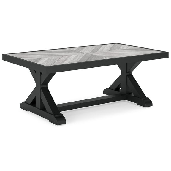 Signature Design by Ashley Beachcroft Rectangular Outdoor Cocktail Table, Black Frame, Light Gray Porcelain Top, Farmhouse X-Leg
