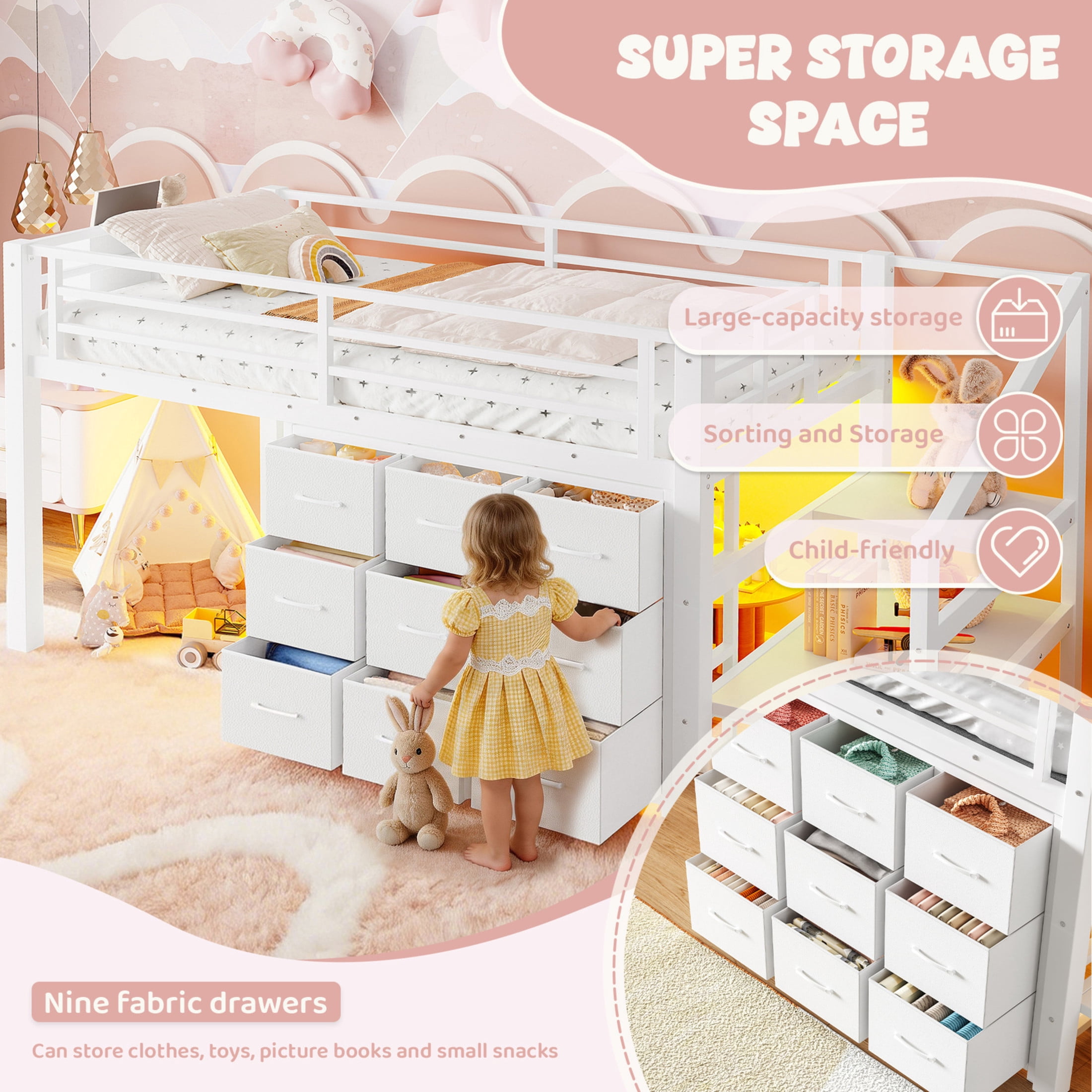 Noble House Twin Low Loft Bed with Built-In Lights, Drawers and Shelves, White