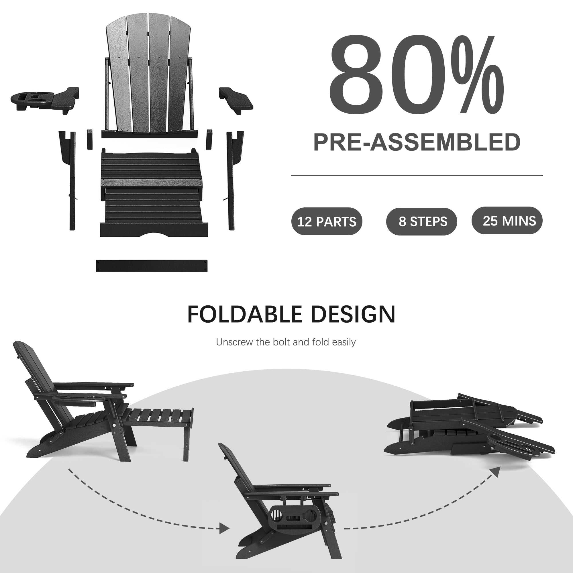 Folding Adirondack Chair with Retractable Ottoman, HDPE All-Weather Resistant Adjustable Backrest Adirondack Chair w/4 in 1 Cup Holder Trays, Black