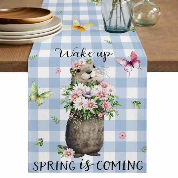 Table Runner 60 Inches Long for Kitchen Dining, Blue Plaid Groundhog Dresser Scarf Farmhouse, Dining Table Decorations for Wedding/Parties, Spring Floral Butterfly Botanical 13 x 60 In