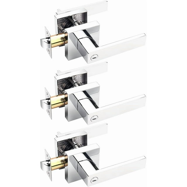 Square Privacy Door Levers Keyless Chrome Door Handle Indoor Door Handles Interior Bed/Bath Door Lever Handleset Reversible for Left Right Sided Doors