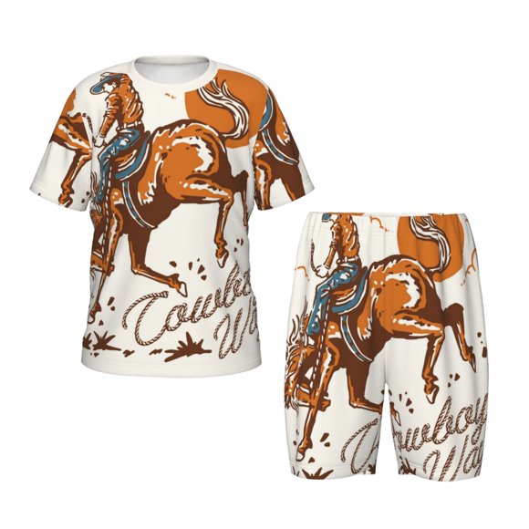 Balery Cowboy Riding Horse Conjunto de Pijama Infantil de Manga Corta con Estampado – Ropa de Dormir de Algodón Suave-X-Large