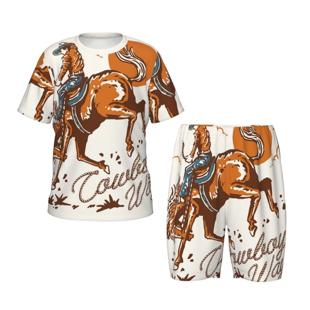 Balery Cowboy Riding Horse Conjunto de Pijama Infantil de Manga Corta con Estampado – Ropa de Dormir de Algodón Suave-X-Large