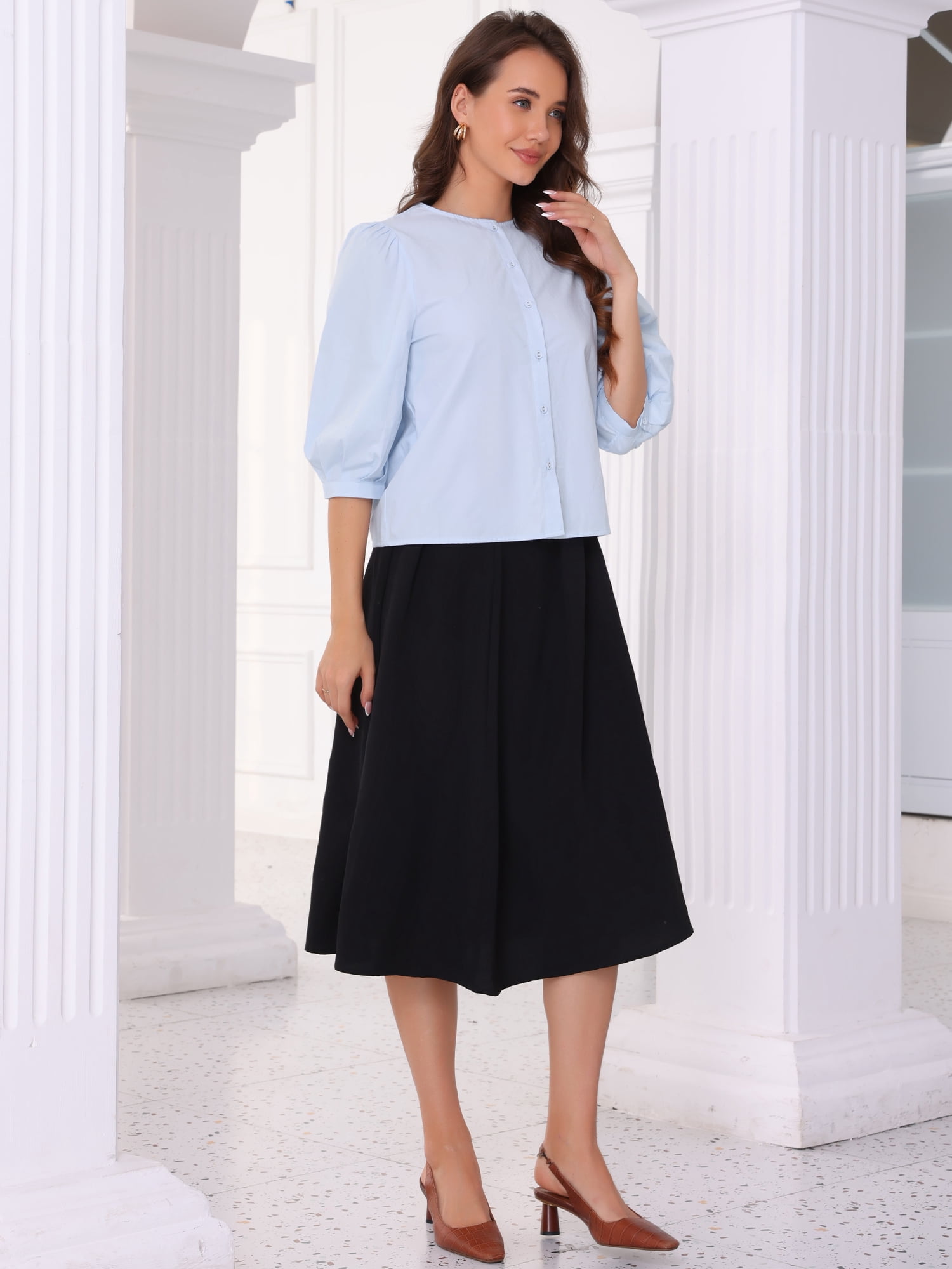DARING DIVA Women's Puff Sleeve Crew Neck Casual Blouse Top S Blue