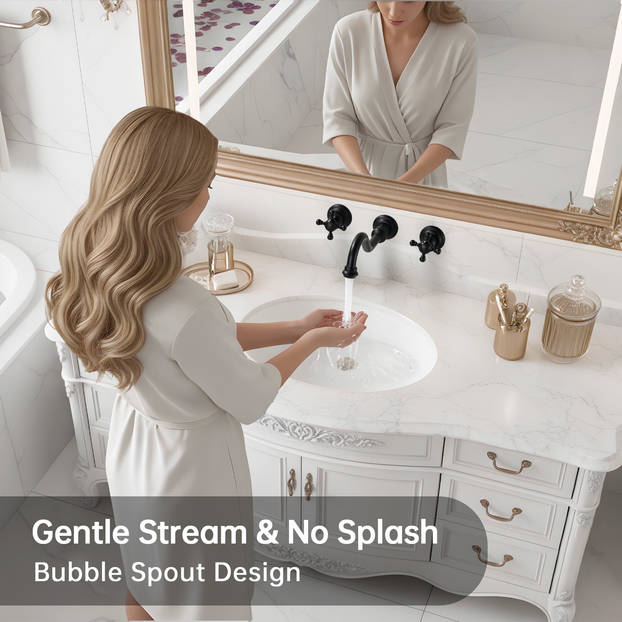 SUMERAIN Traditional Style Wall Mount Bathroom Vessel Faucet -3 Holes Cross Knobs Lavatory Basin Faucet Matte Black Finish with In-Wall Valve Included