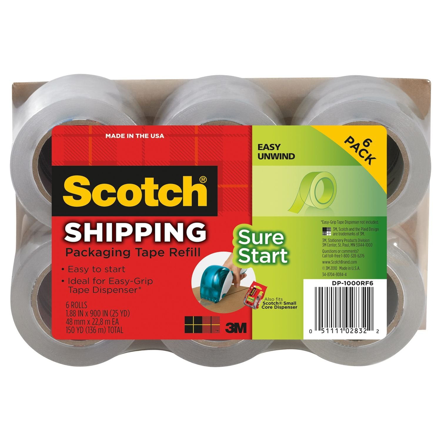 1.88 Inches x 900 Inches for sale online 6-Pack Scotch DP-1000RF6 Packaging Tape 