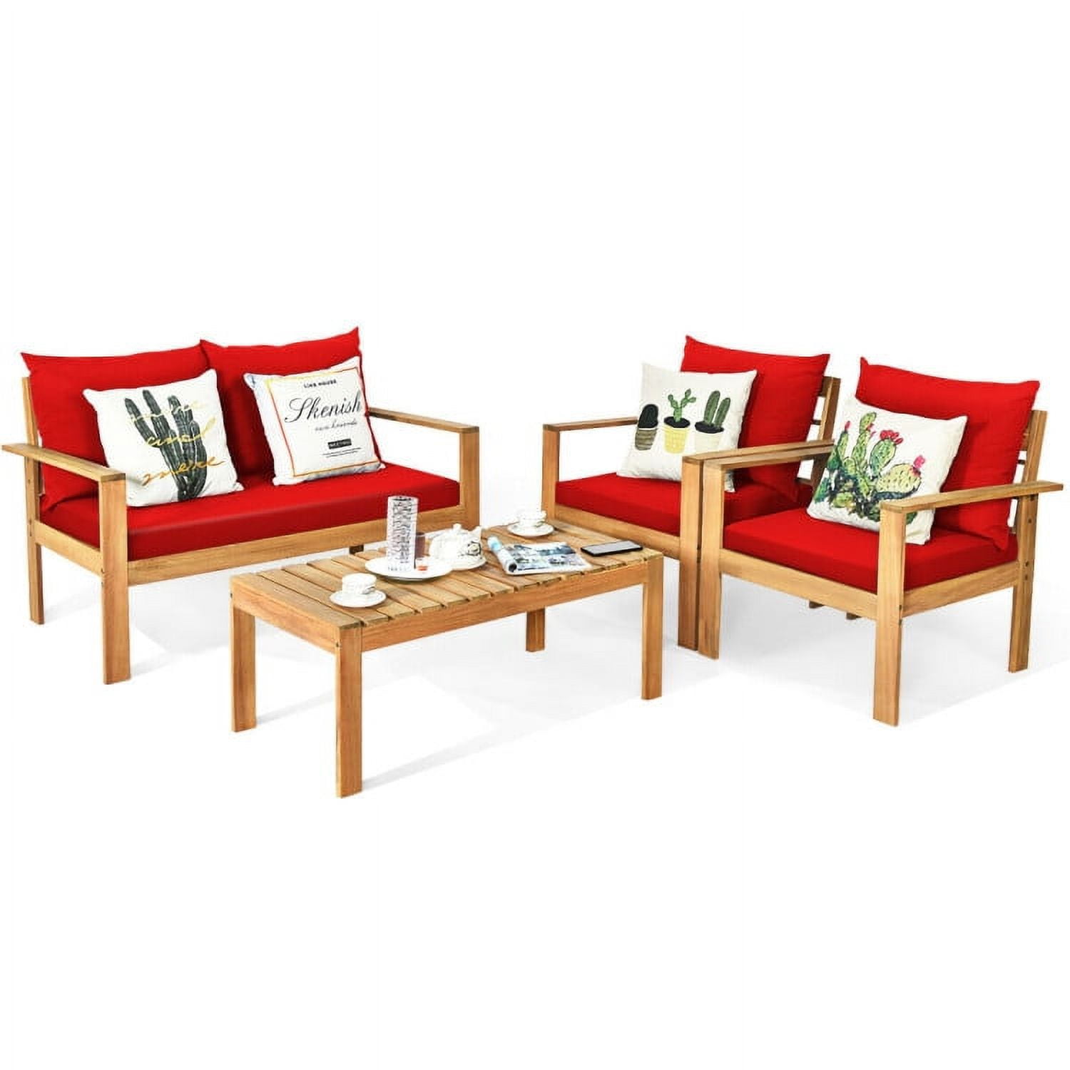Aimee Lii 4 Pieces Patio Solid Wood Furniture Set, Wood Outdoor Furniture, Red Aimee Lii 4 Pieces Patio Solid Wood Furniture Set, Wood Outdoor Furniture, Red