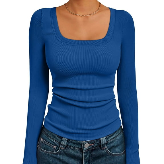 Womens Long Sleeve Shirts Square Neck Tops Ribbed Knit Basic Crop Tops Fall Outfits Fashion Clothes Royal Blue M