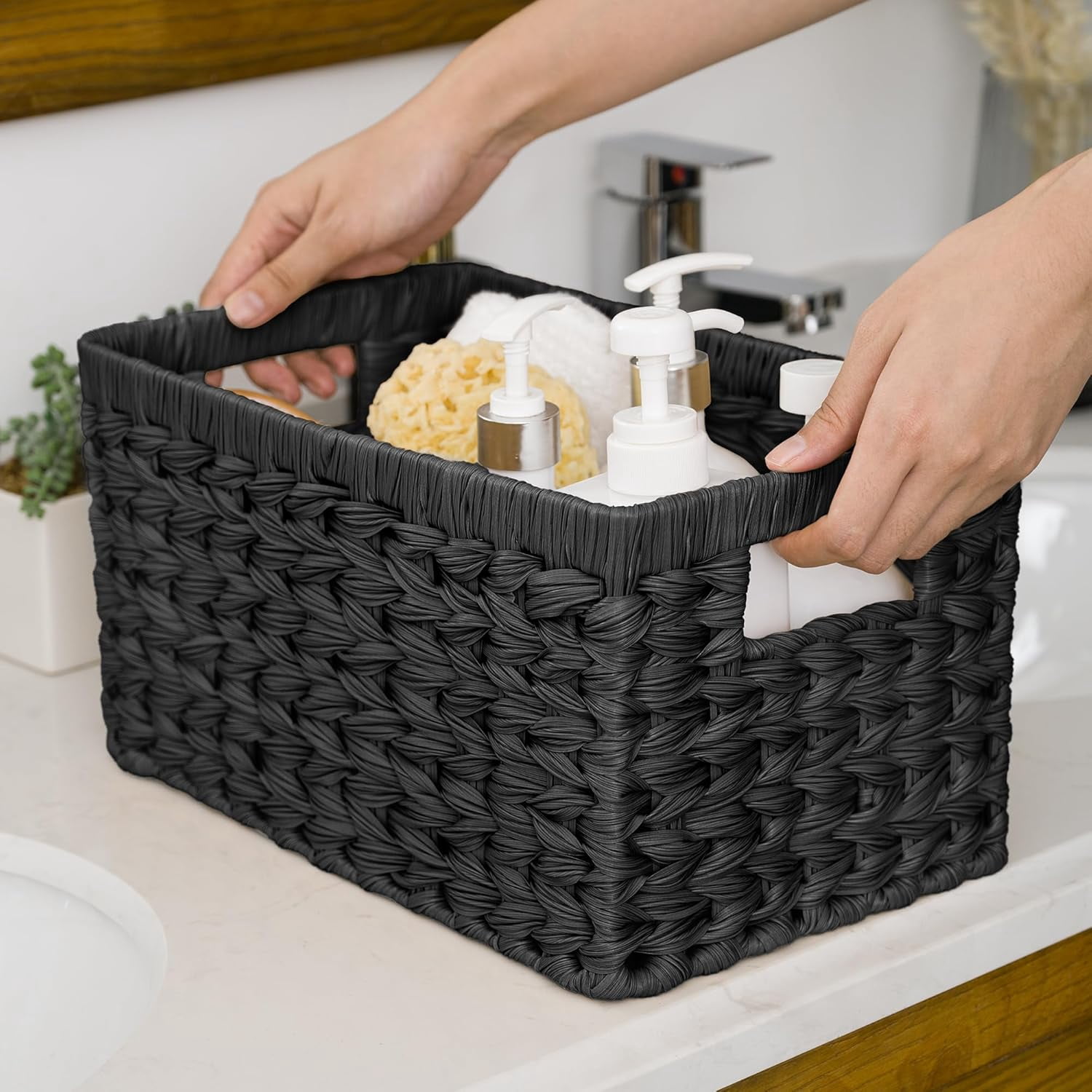 GRANNY SAYS Wicker Storage Baskets for Shelves, Waterproof Woven Baskets for Organizing, Hand Woven Rectangle Basket for Pantry, Black, 2-Pack