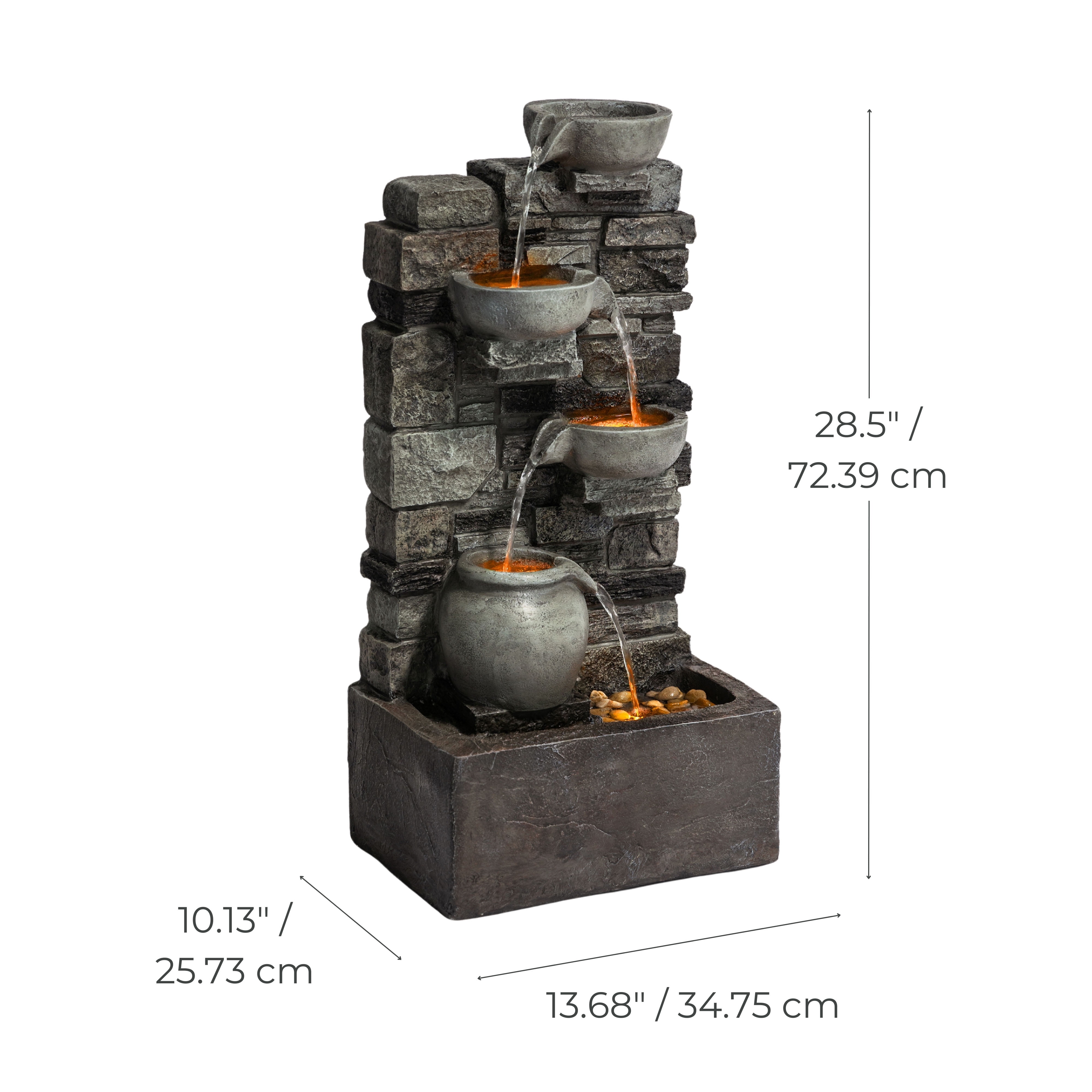 Teamson Home 28.5" Outdoor 4-Tier Stacked Stone Cascading Water Fountain with LED Lights, Gray