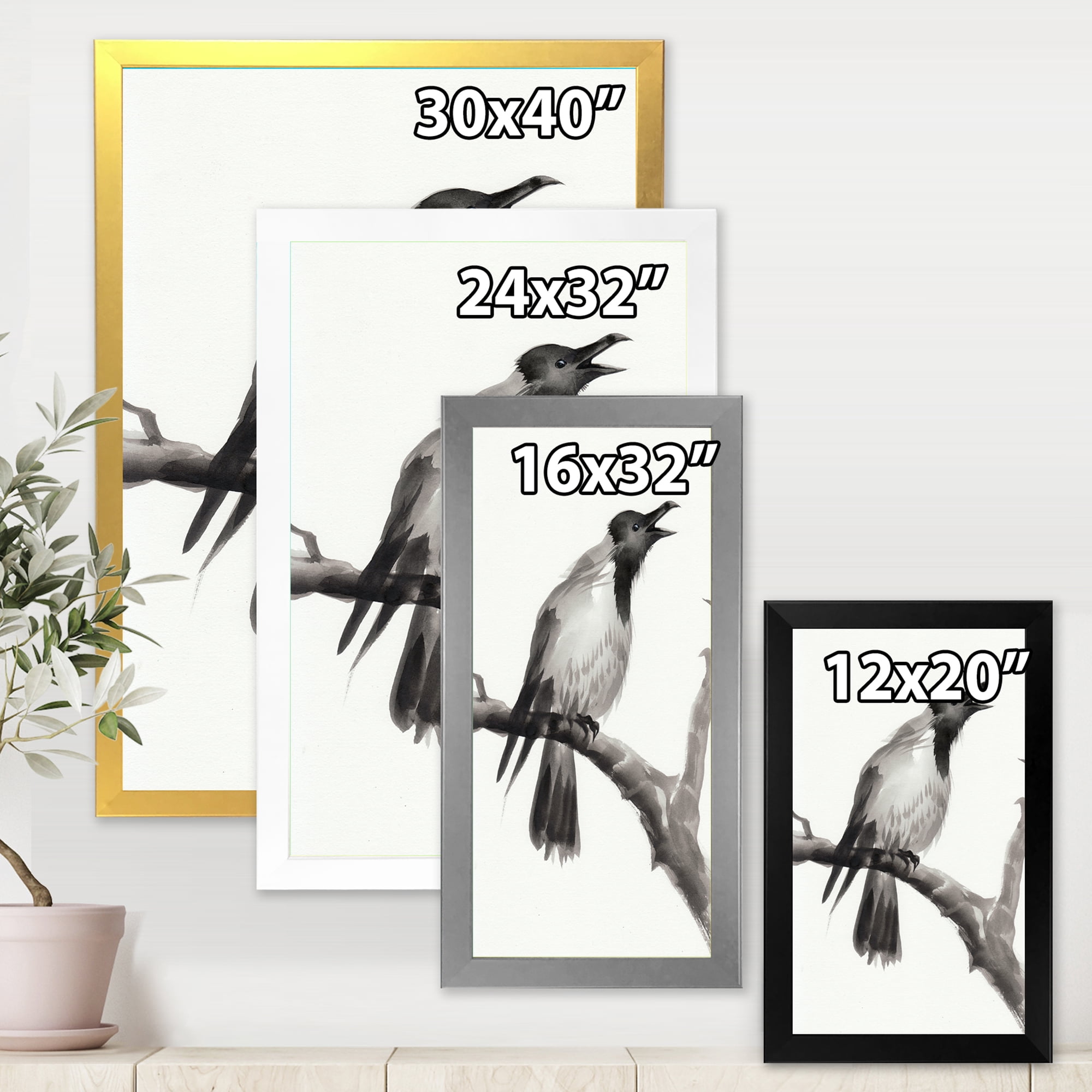 Designart 'Monochrome Crying Crow On A Branch' Traditional Framed Art Print