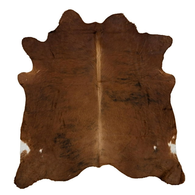 Medium brindle full cowhide rug featuring rich brown hues with subtle darker markings and small white accents.
