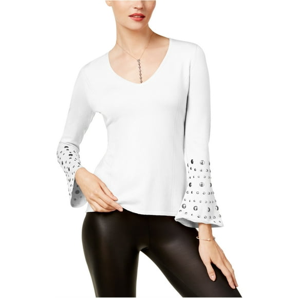 I.N.C Womens Embellished Knit Sweater, White, Large