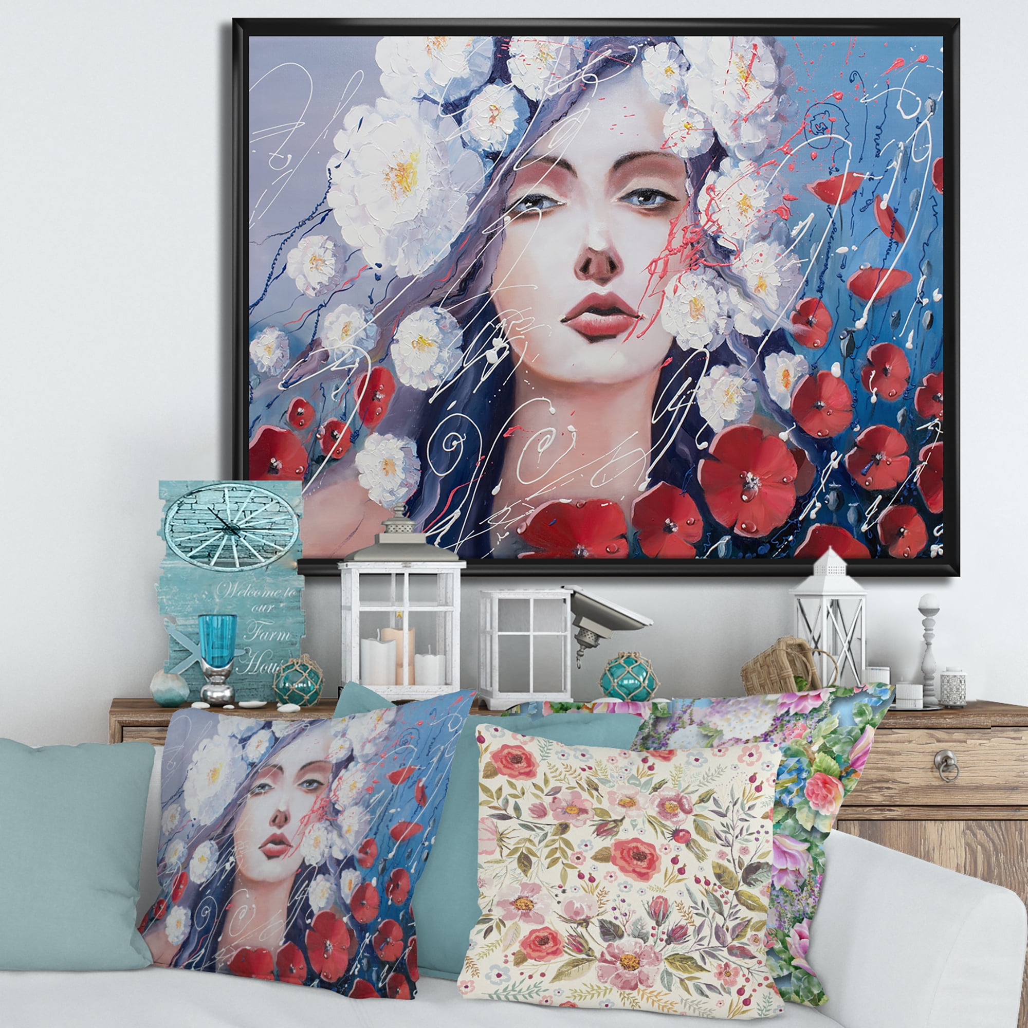 Designart 'Portrait Of A Young Lady With Red & White Flowers' Traditional Framed Canvas Wall Art Print