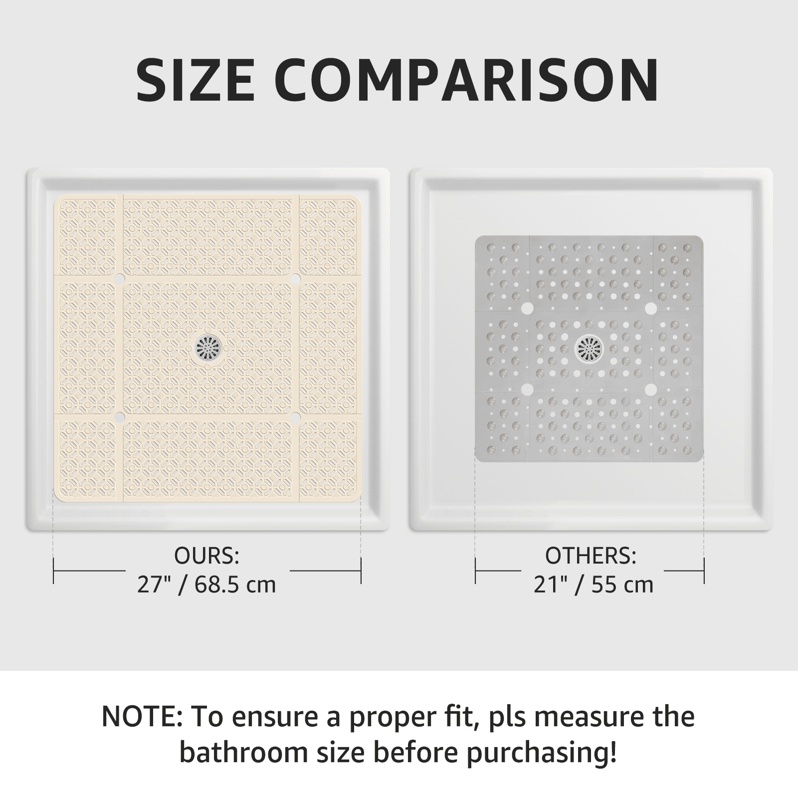 Yolife 27" x 27" Square Shower Mat, Non-Slip TPE Bath Mat with Drain Hole & Suction Cups, Machine Washable Soft Floor Mat for Tub or Stall,Beige