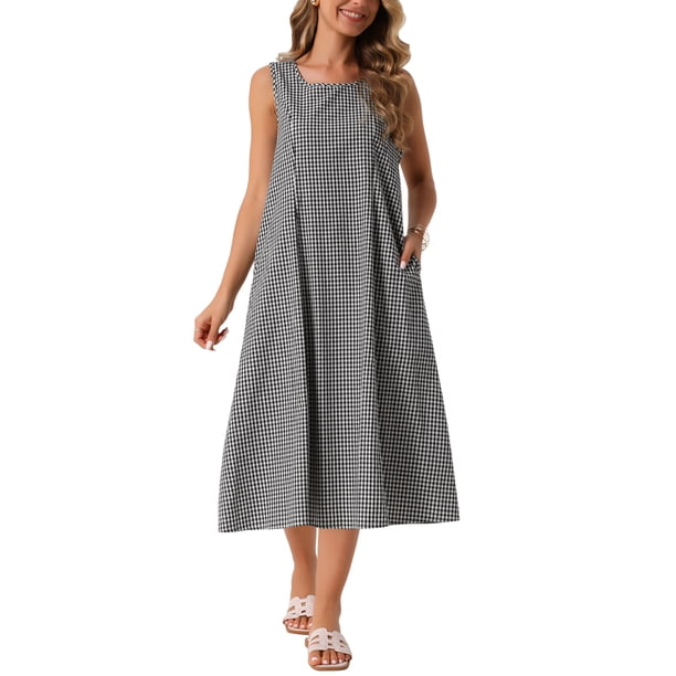 Vestidos sin mangas de cuadros para mujer Inspire Chic, vestido midi de gingham con ajuste holgado y bolsillos, atuendos de verano L negro
